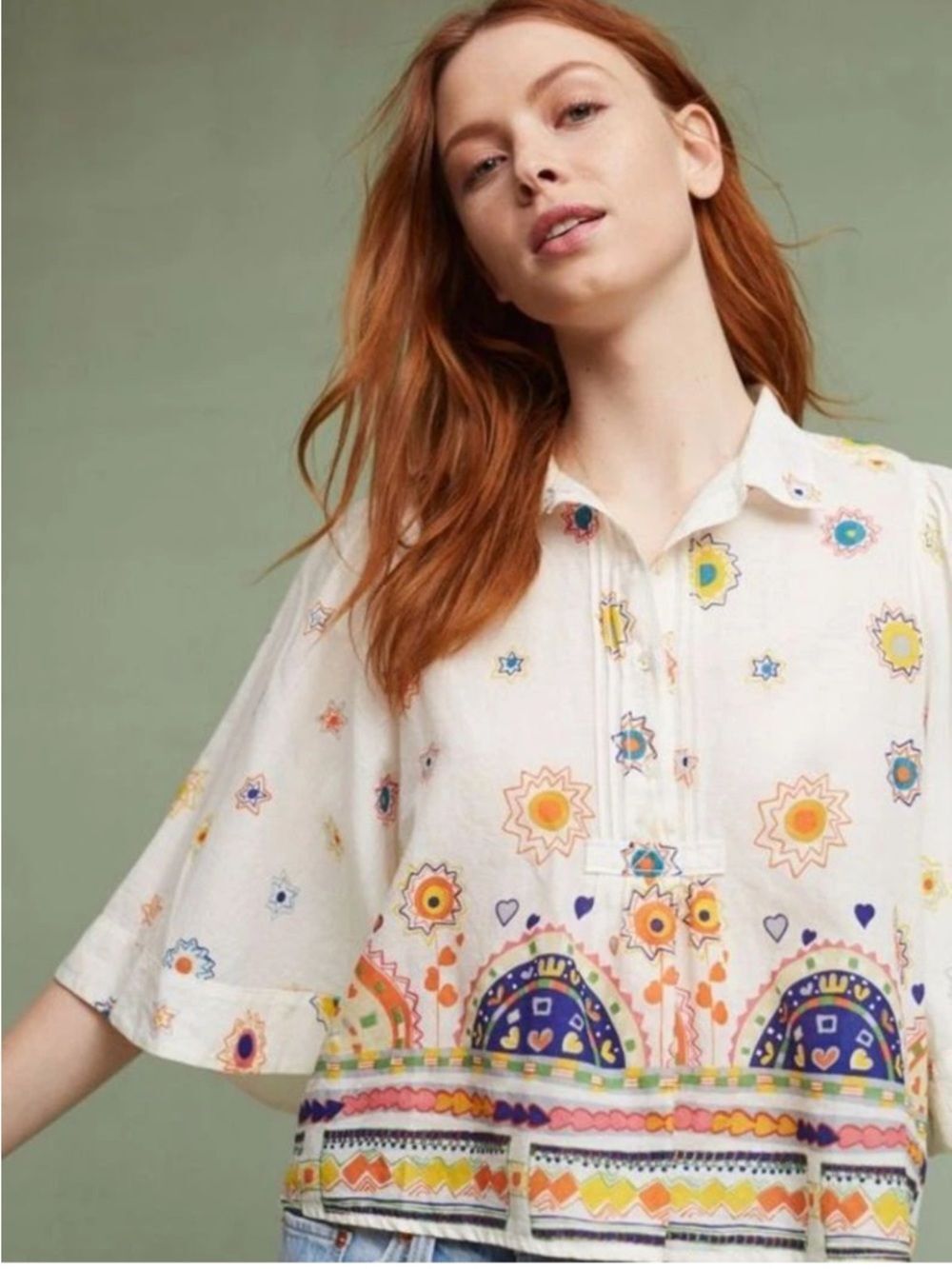 Anthropologie Maeve Eliot Popover Boho Summer Top Boxy Fit Cotton Size XXS